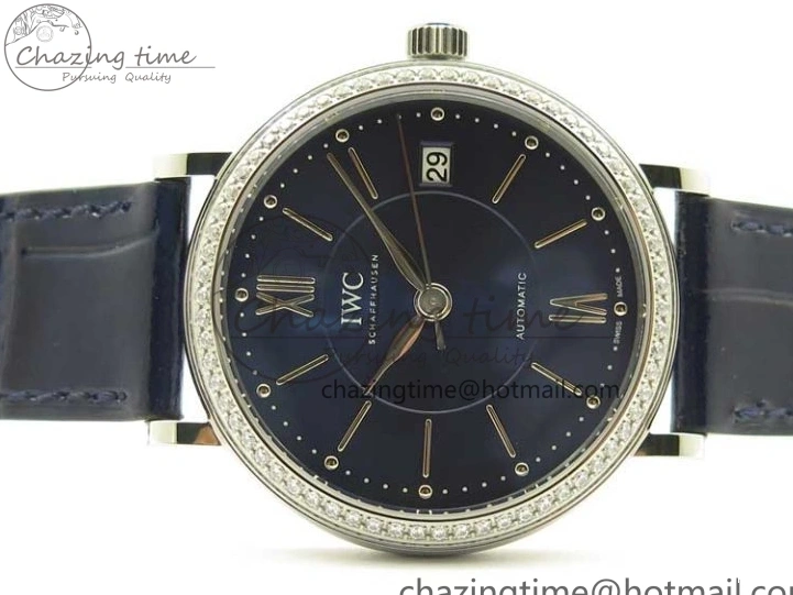 MIROTIME 0429 Portofino 37mm SS V7F 1:1 Best Edition Blue Dial Diamonds Bezel on Blue Leather Strap A Chic 7093